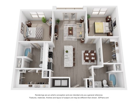 Floor plan for 2 beds, 2 baths, 1031 sqft
